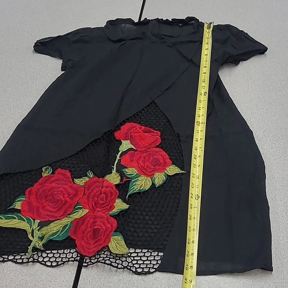 Dikamni Black Floral Lightweight Linen Mesh Panel Dress Size S - Picture 2 of 6